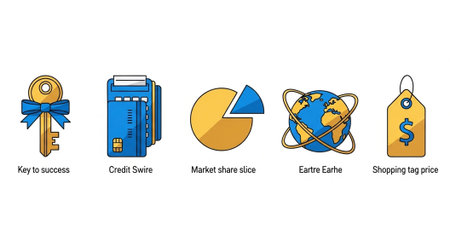 Vibrant icons representing success, finance, market share, global reach, and pricing.の写真素材