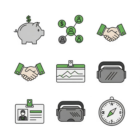 Collection of financial and technology icons including piggy banks, handshakes, ID cards, and VR headsets.の写真素材