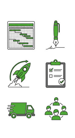 A collection of six green icons representing business concepts such as planning, writing, growth, checklist, delivery, and teamwork.の写真素材