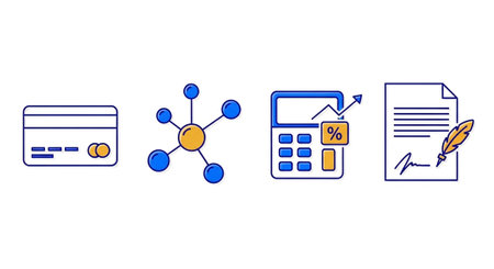 Flat design icons representing finance: credit card, network, calculator, and document with quill.の写真素材