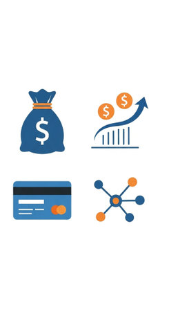 A collection of financial icons including a money bag, credit card, growth graph, and network diagram.の写真素材