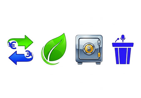 Set of icons including currency exchange, leaf, safe, and podium with microphone.の写真素材