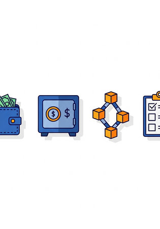 Flat design icons representing finance: wallet with cash, safe, connected blocks, checklist with pen.の写真素材