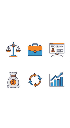 Six vibrant icons representing business, finance, and design concepts.の写真素材