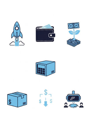 Six blue icons representing finance and technology, including a rocket, wallet, money plant, server, package, and virtual reality headset.の写真素材