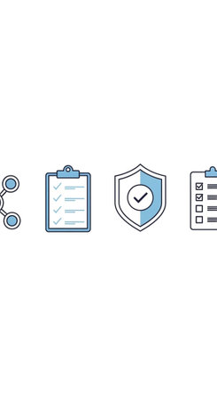 Four icons featuring a network, checklists, and a shield with a checkmark, in blue and white line art style.の写真素材