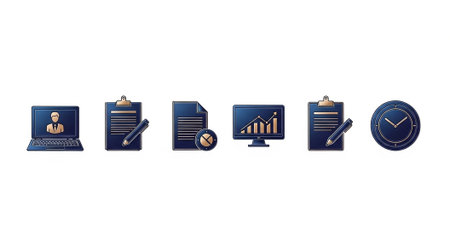 A collection of six dark blue and gold business icons featuring a laptop, documents, charts, and a clock.の写真素材