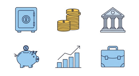 A collection of six blue and gold financial icons including a safe, coins, bank, piggy bank, graph, and briefcase.の写真素材