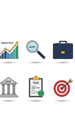 Flat design icons representing business concepts like analytics, audit, tasks, banking, and targets.の写真素材