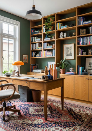 A well-organized home office with a large wooden desk and bookshelves in a cozy atmosphereの写真素材
