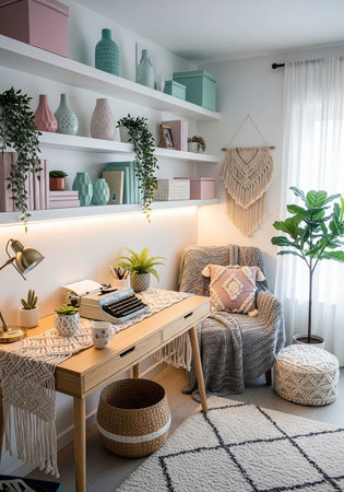 A cozy home office with a wooden desk, comfortable chair, and decorative plants and vases on shelvesの写真素材