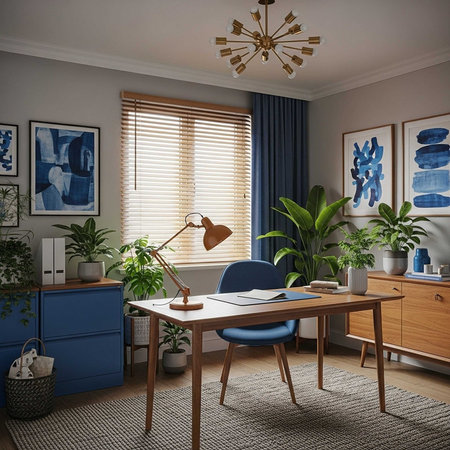 A modern home office with a wooden desk and blue chair, surrounded by plants and artworkの写真素材
