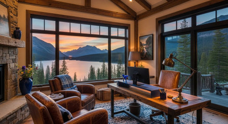 A cozy living room with a stunning view of a serene lake and mountains at sunsetの写真素材