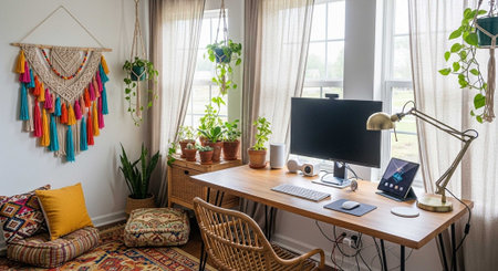 A cozy home office with a wooden desk, chair, and colorful decor, surrounded by lush green plants and natural lightの写真素材