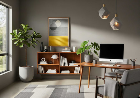 A modern home office with a wooden desk and chair in a gray room with plants and artworkの写真素材