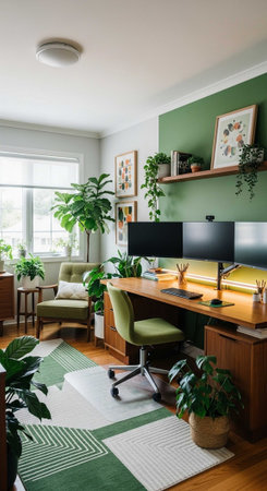 A modern home office with a green accent wall and plenty of plantsの写真素材