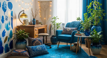 A cozy blue living room with a comfortable chair and lush green plantsの写真素材