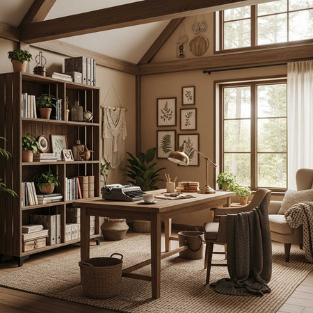 A cozy home office with a wooden desk and chair in a serene and peaceful environmentの写真素材