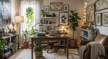 A cozy home office with a desk, chair, and plants in a peaceful and organized spaceの素材