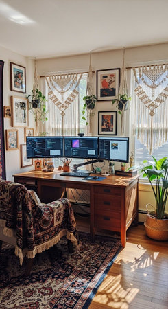 A well-organized home office with a wooden desk and multiple computer monitors in a cozy roomの写真素材