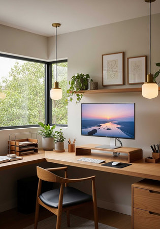 A modern home office with a wooden desk and chair in front of a window with a serene viewの写真素材