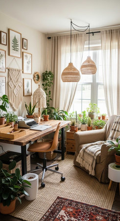 A cozy home office with a desk, chair, and numerous plants in a serene and peaceful environment.の写真素材