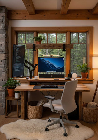 A modern home office with a wooden desk and chair in front of a large window overlooking treesの写真素材