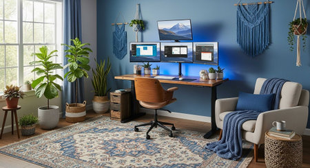 A modern home office with a comfortable workspace and a cozy reading nookの写真素材