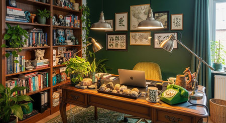 A cozy home office with a wooden desk, bookshelves, and a comfortable chair in a peaceful environmentの写真素材