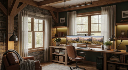 A modern home office with a large wooden desk and two computer monitorsの写真素材