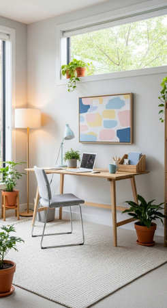 A modern home office with a wooden desk and chair under a large window with plants and artworkの写真素材