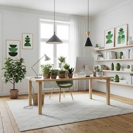 A modern home office with a wooden desk and chair surrounded by plants and natural lightの写真素材