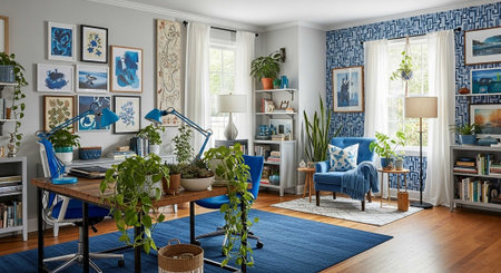 A stylish home office with blue accents and lush greenery for a productive workspaceの写真素材