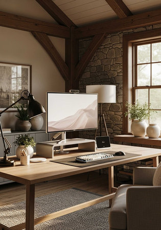 A modern home office with a large wooden desk and a computer monitor on a shelfの写真素材