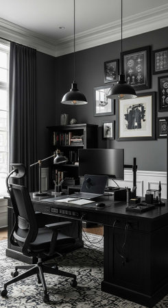 A modern home office with a black desk and chair in a dark gray room with framed pictures on the wallの写真素材