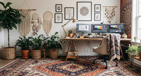 A stylish home office with a wooden desk, colorful rug, and lush green plants in a bohemian-inspired settingの写真素材