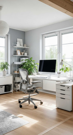 A modern home office with a white desk and chair in front of a window with natural lightの写真素材