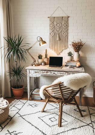 A cozy home office with a wooden desk and chair in a peaceful atmosphereの写真素材