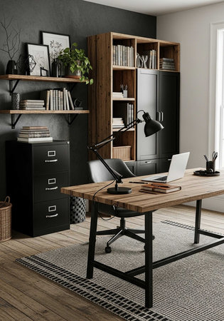 A modern home office with a wooden desk and black metal lampの写真素材