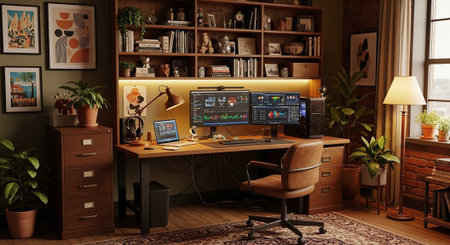 A well-organized home office with a large desk and multiple computer monitors in a cozy roomの写真素材