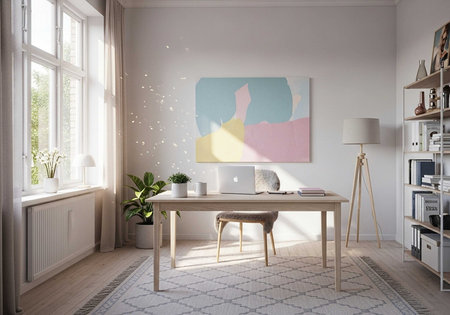 A modern home office with a wooden desk and chair in front of a large window with natural lightの写真素材