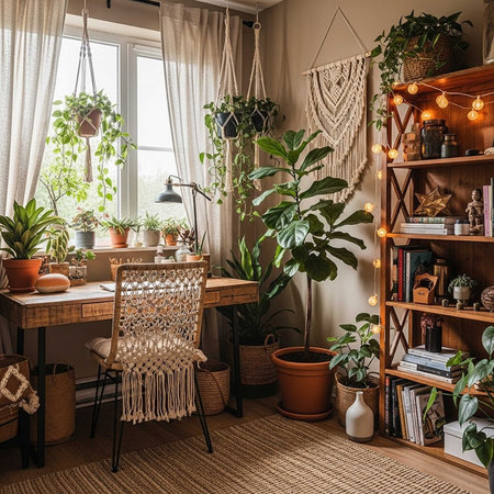 A cozy home office with a desk, chair, and many plants in a peaceful and serene environmentの写真素材
