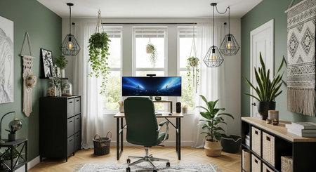 A modern home office with a desk, chair, and computer in a peaceful and organized space with plantsの写真素材