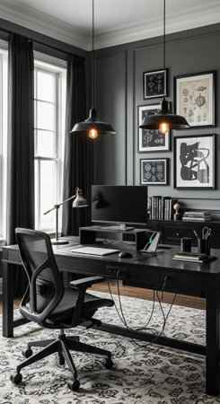 A modern home office with a large desk and chair in front of a window with black curtainsの写真素材