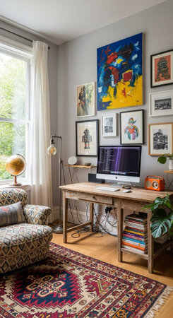 A cozy home office with a desk, chair, and colorful artwork on the walls, surrounded by plants and natural lightの写真素材