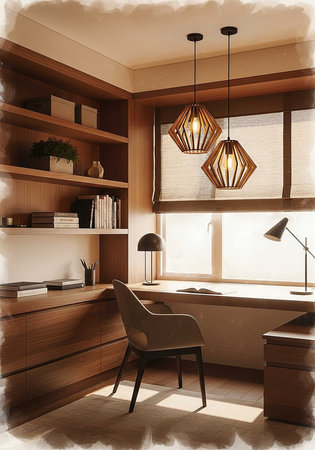 A modern home office with a wooden desk and chair by the window, illuminated by hanging lampsの写真素材