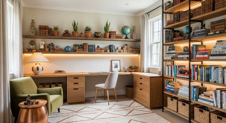 A well-organized home office with a large desk, bookshelves, and a comfortable reading chairの写真素材