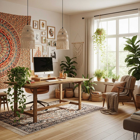 A stylish home office with a wooden desk, comfortable chair, and plenty of plants in a bright and airy roomの写真素材