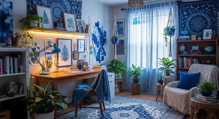 A cozy home office with a blue and white color scheme, featuring a desk, chair, and comfortable seating area with plants and artworkの写真素材
