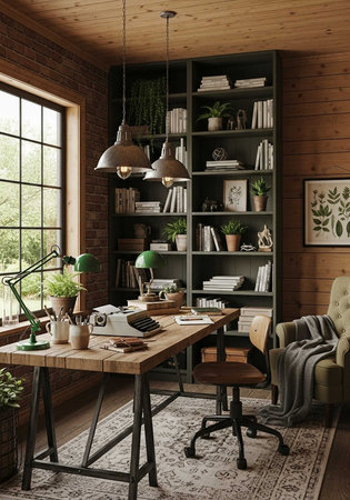 A cozy home office with a wooden desk and chair in front of a large window with a bookshelfの写真素材